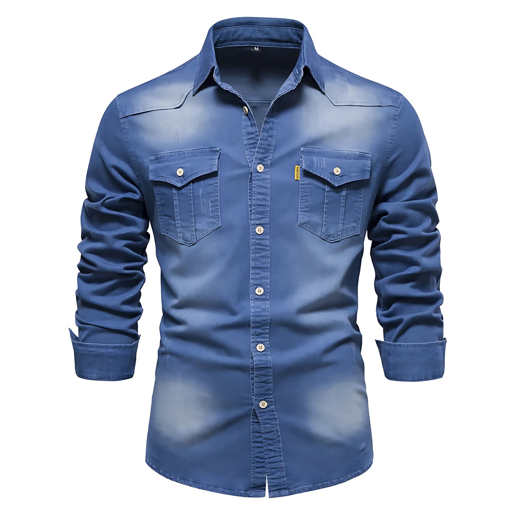 Washed blue men’s button-up shirt with a pointed collar, two button-flap chest pockets, light buttons, and rolled cuffs on a white background.