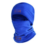 Blue fleece balaclava face mask with eye opening and embroidered patches.
