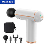 White handheld massage gun with rose-gold accents and a black ball head attached, shown with a carrying case and four interchangeable massage attachments on a white background.