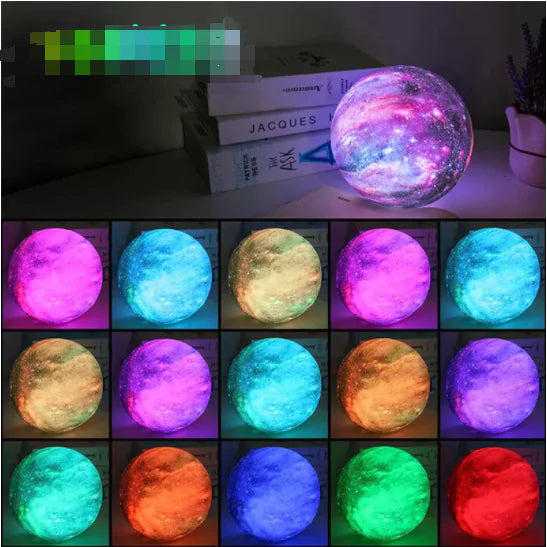 Colour-changing galaxy moon lamp for bedside décor.