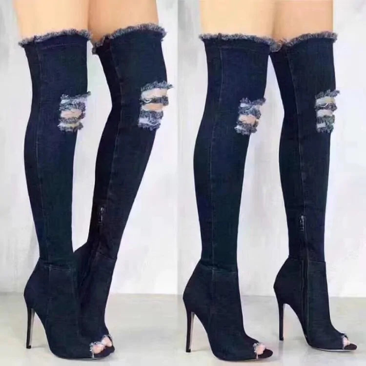 Ladies Over The Knee Denim Boots