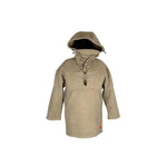Beige hooded pullover coat with lace-up neck.