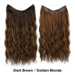 Two wavy hair extensions shown front and back in dark brown with golden-blonde highlights, labeled “Dark Brown / Golden Blonde,” on a white background.