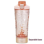 Transparent water bottle with a textured surface and pink lid, featuring a separable base, on a white background.