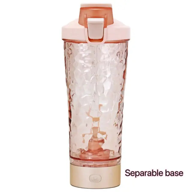 Transparent water bottle with a textured surface and pink lid, featuring a separable base, on a white background.