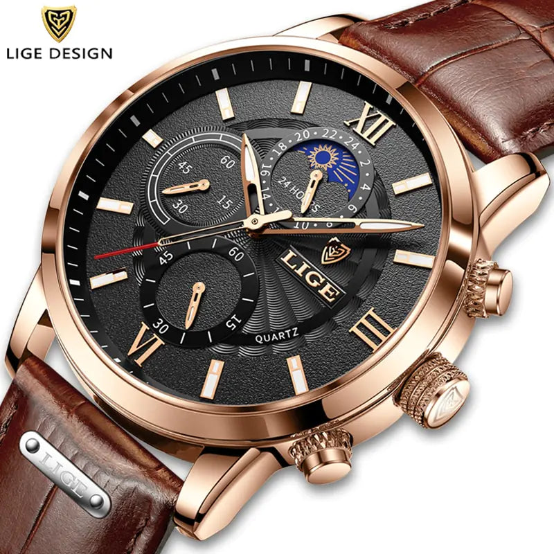 STOMART.CO.UK 2023 New Mens Watches LIGE Top Brand Luxury Leather Casual Quartz Jewellery & Watches watch Free Text