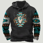 Grey pullover sweatshirt with western-inspired printed sleeves and bull skull graphic.