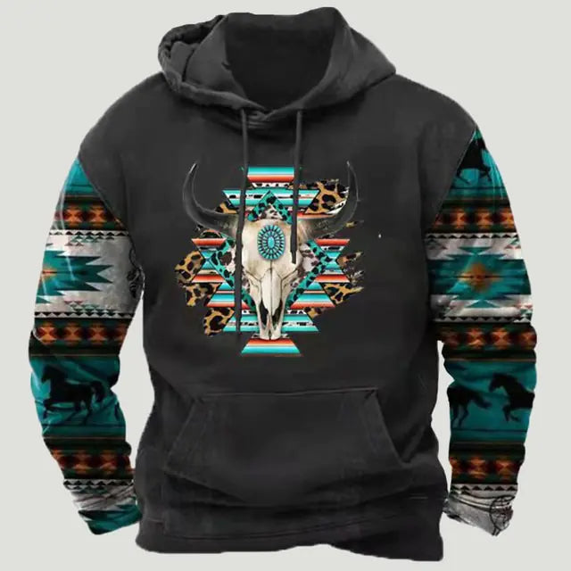 Grey pullover sweatshirt with western-inspired printed sleeves and bull skull graphic.