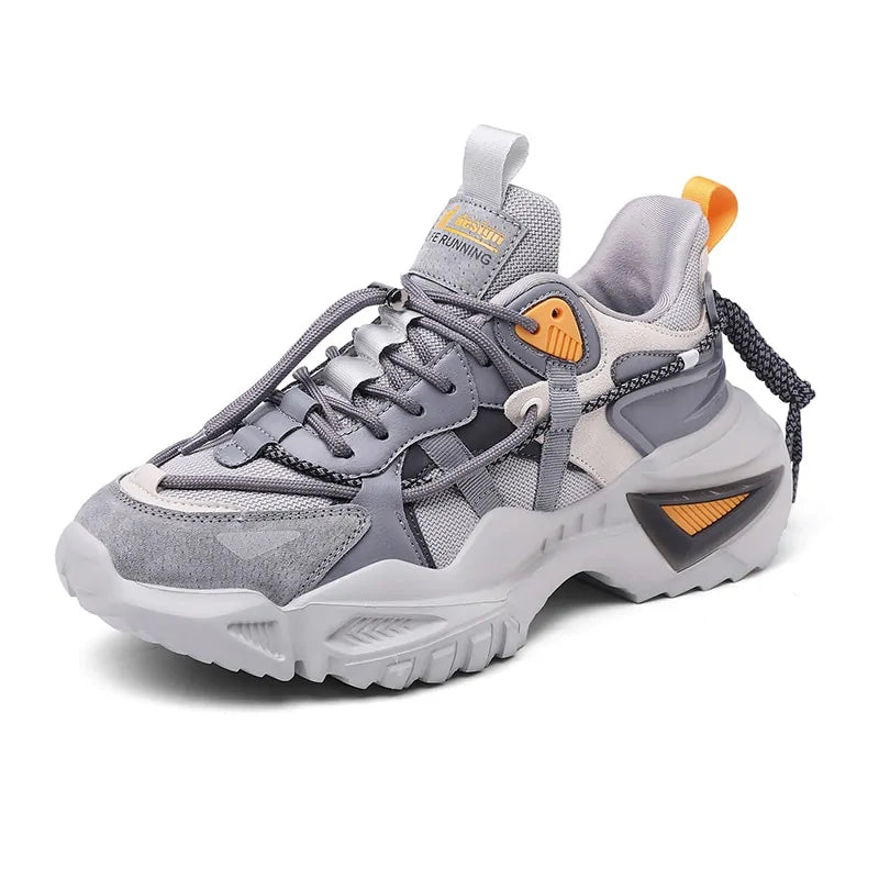A red knit athletic sneaker with a sock-like collar, matching red laces, and pull tabs labeled “SPORT.” It features a thick white sculpted sole with large hollow oval cutout details, displayed on a geometric white prop against a dark studio background.