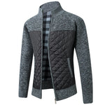 A stylish men's jacket with a combination of quilted and knitted fabric in a deep burgundy color. The upper part, sleeves, and collar feature a textured knit pattern, while the lower front and back panels have a quilted, padded design. The jacket has a full-length zipper, a high collar, and a plaid-patterned inner lining for added warmth and style.