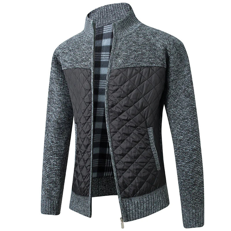 A stylish men's jacket with a combination of quilted and knitted fabric in a deep burgundy color. The upper part, sleeves, and collar feature a textured knit pattern, while the lower front and back panels have a quilted, padded design. The jacket has a full-length zipper, a high collar, and a plaid-patterned inner lining for added warmth and style.