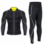 Black men’s compression tracksuit with zip-up top, leggings and reflective seam details.
