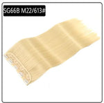 A studio product image of a pale blonde hair extension/weft with straight, silky strands on a white background. A small label in the top-left corner reads “SG66B M22/613#.