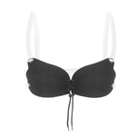 Black strapless-style bra with clear shoulder straps and a lace-up front closure.