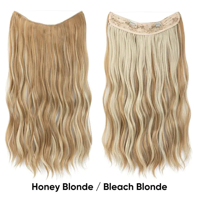 Two long, wavy blonde hair extension wefts shown side by side honey blonde and beach blonde labeled “Honey Blonde / Beach Blonde” on a white background.