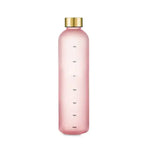 Tall translucent pink gradient water bottle with a gold screw cap and vertical time/level markings (e.g., “Full,” times, and “Refill”), shown on a white background.