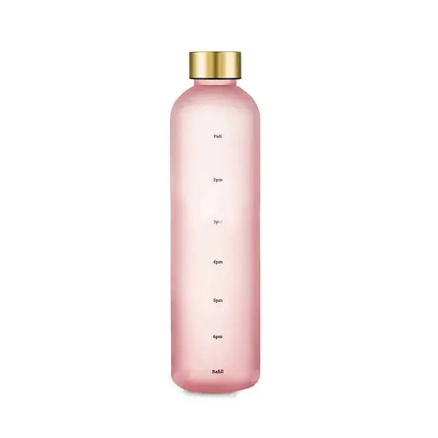 Tall translucent pink gradient water bottle with a gold screw cap and vertical time/level markings (e.g., “Full,” times, and “Refill”), shown on a white background.