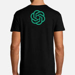 Black T-shirt with green geometric logo print on the upper back.