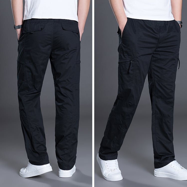 Navy Blue Plus Size Trousers for Men cargo pants shown from front and back on a gray background