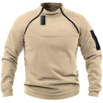 A long-sleeve fleece pullover with zipper detailing on the shoulders and a zippered pocket on the left sleeve.