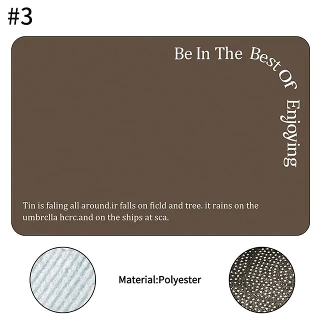Brown rectangular polyester mat with rounded corners, minimalist design featuring the phrase “Be In The Best Of Enjoying” along the edge, and small decorative text at the bottom, with fabric texture details shown.