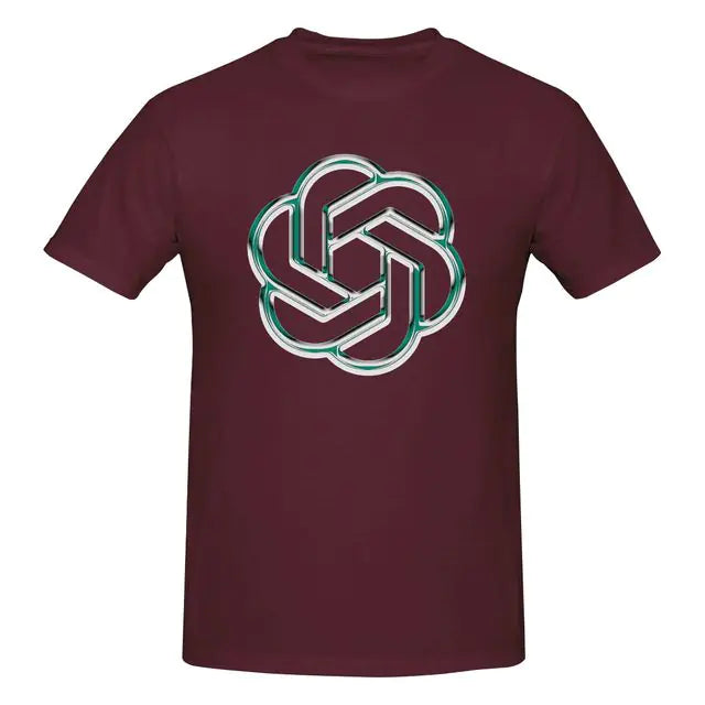 Burgundy crew neck T-shirt with short sleeves and a large central logo graphic on the front.