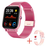 Pink smartwatch with a square display showing time, weather, and fitness stats, paired with a pink mesh metal band; a plus sign indicates an included gift of an extra light pink silicone strap.