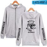 Light gray zip-up hoodie shown front and back on hangers, with a large “Riverdale” poster-style graphic printed on the back.