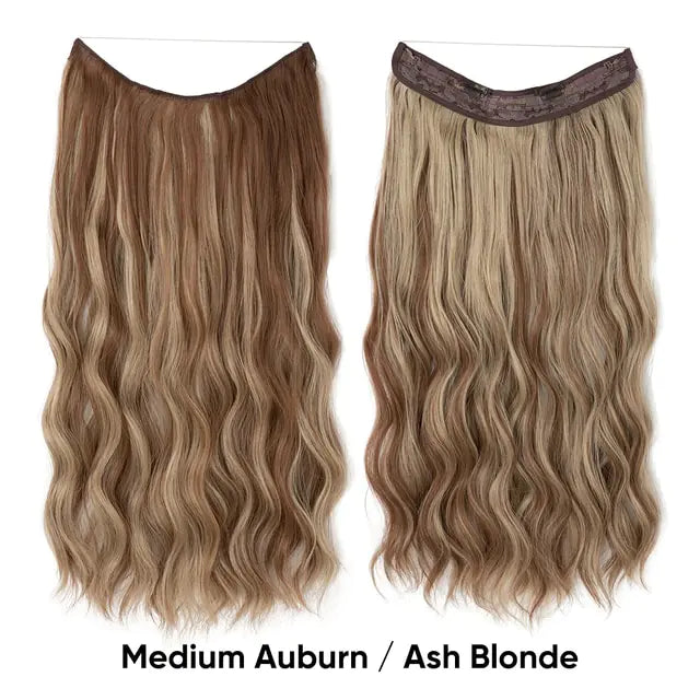 Two views of a long wavy halo hair extension with blended medium auburn and ash-blonde tones, shown on a white background with the label “Medium Auburn / Ash Blonde.