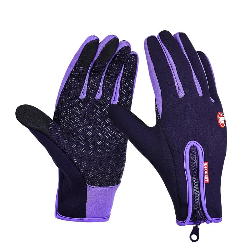 Purple and black zippered sports gloves.