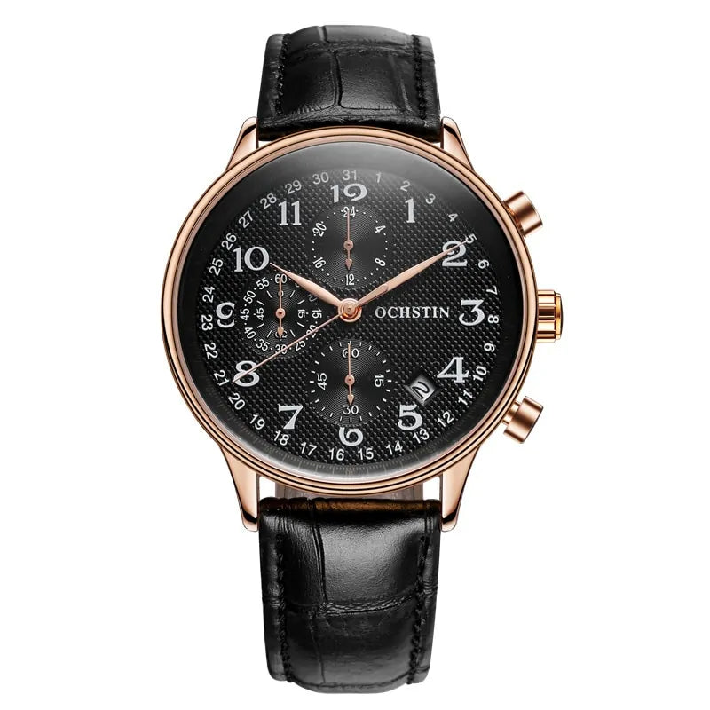 A close-up product image of an analog wristwatch with a black leather strap and a rose-gold/bronze-toned round case. The dial is black with a textured pattern, large white Arabic numerals, and multiple sub-dials (chronograph-style) plus a date window near the 4–5 o’clock area. The brand name “OCHSTIN” is printed on the right side of the dial, and there are pushers/crown on the case’s right side.