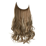 Long wavy halo hair extension with a U-shaped top weft, medium brown roots fading into ash-beige blonde highlights, on a white background.