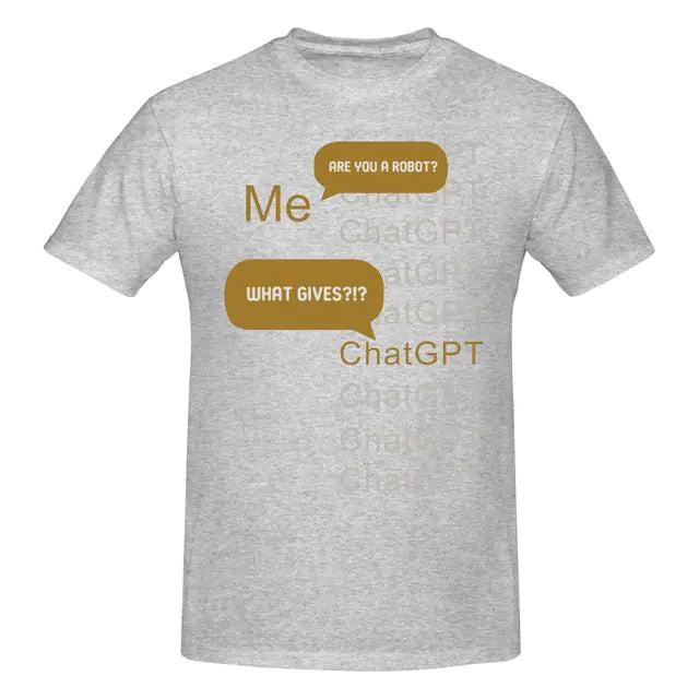Light gray T-shirt with faint repeated “ChatGPT” text in the background and gold speech bubbles