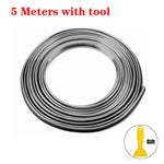 Coiled roll of black trim or edging strip on a white background with the text “5 Meters with tool,” plus a small inset showing a yellow plastic tool labeled “Gift.”