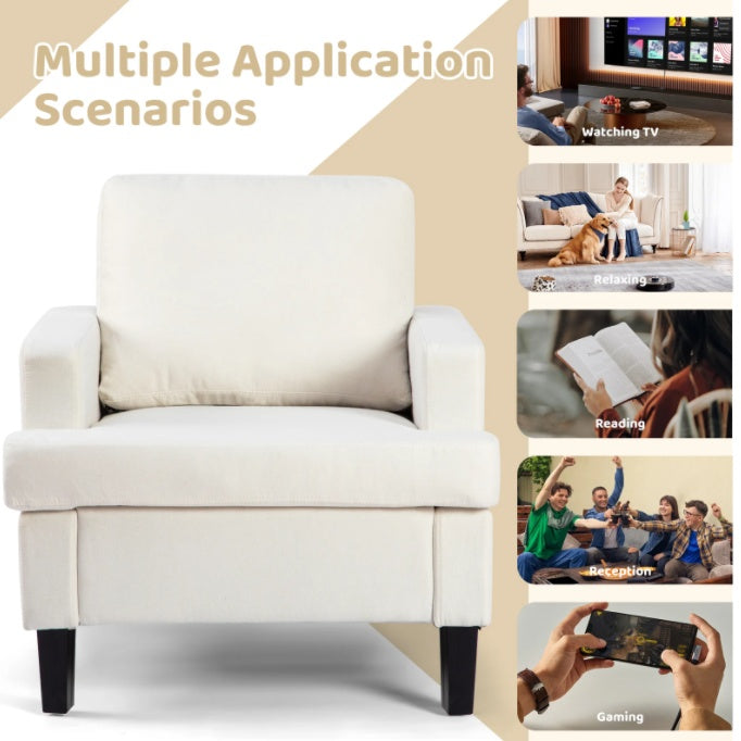 Accent chair application graphic showing uses such as watching TV, relaxing, reading, socialising, and gaming.