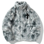 A plush zip-up jacket in a gray-and-white cloudy tie-dye pattern, featuring a high stand collar, elastic cuffs, side pockets, and a black cross graphic on the chest.