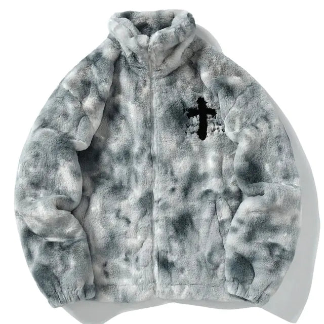 A plush zip-up jacket in a gray-and-white cloudy tie-dye pattern, featuring a high stand collar, elastic cuffs, side pockets, and a black cross graphic on the chest.