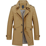 Beige double-breasted trench coat with notched lapels, shoulder epaulettes, side buckle tabs, and a check-pattern lining, shown on a white background.