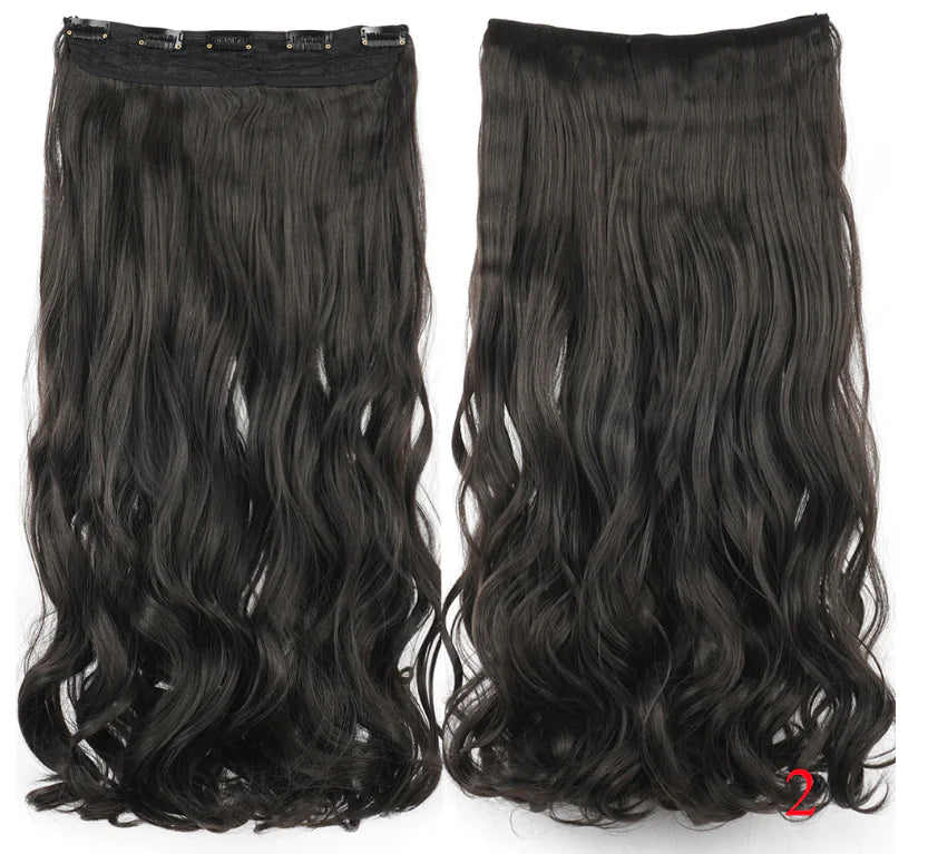 Two views of a long wavy medium-black clip-in hair extension piece shown on a white background—front on the left and the underside with a lace/clip band on the right—with text reading “Medium black.