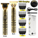 Gold engraved USB-rechargeable hair trimmer kit showing front and back views of the clipper, four guide combs labeled 1.5mm, 2mm, 3mm, and 4mm, a USB cable, cleaning brush, user manual, and product box.