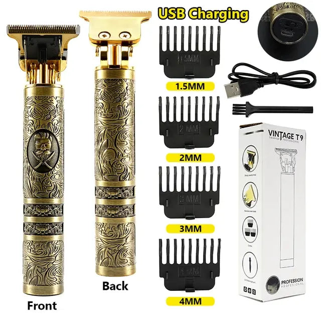 Gold engraved USB-rechargeable hair trimmer kit showing front and back views of the clipper, four guide combs labeled 1.5mm, 2mm, 3mm, and 4mm, a USB cable, cleaning brush, user manual, and product box.