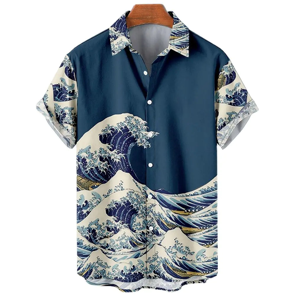 Vintage 3D Ocean Wave Print Shirt