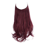 A single-piece halo hair extension is shown hanging against a plain white background. The hair is a deep burgundy/wine color with a smooth finish and loose waves that curl slightly at the ends. The top edge forms a curved band shape typical of halo extensions, with the hair falling in an even, full sheet down to the curled