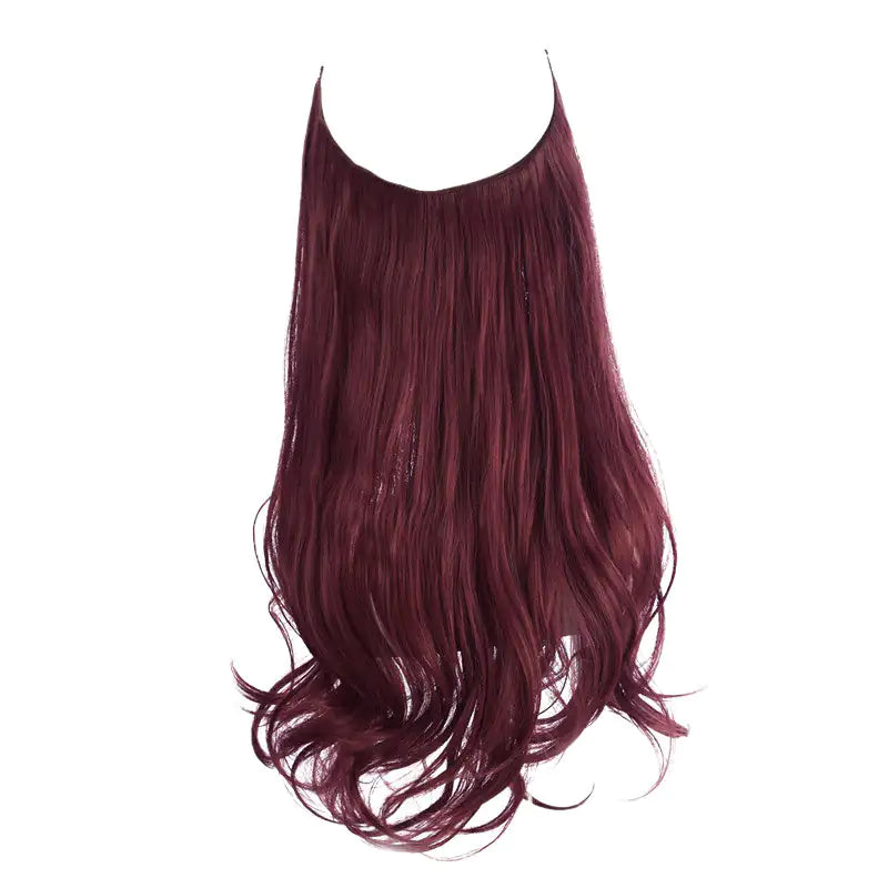 A single-piece halo hair extension is shown hanging against a plain white background. The hair is a deep burgundy/wine color with a smooth finish and loose waves that curl slightly at the ends. The top edge forms a curved band shape typical of halo extensions, with the hair falling in an even, full sheet down to the curled