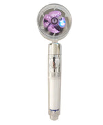 Handheld mini fan with transparent head, purple blades, and white handle.