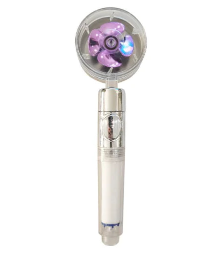 Handheld mini fan with transparent head, purple blades, and white handle.