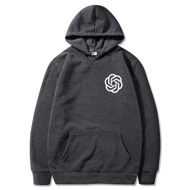 Dark grey pullover hoodie with a white logo on the chest.