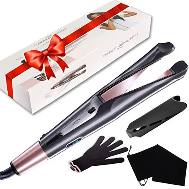 Hair straightener set on a white background, including a black-and-rose-gold flat iron, an inflatable protective air bag, a heat-resistant glove, two hair clips, and a storage pouch.
