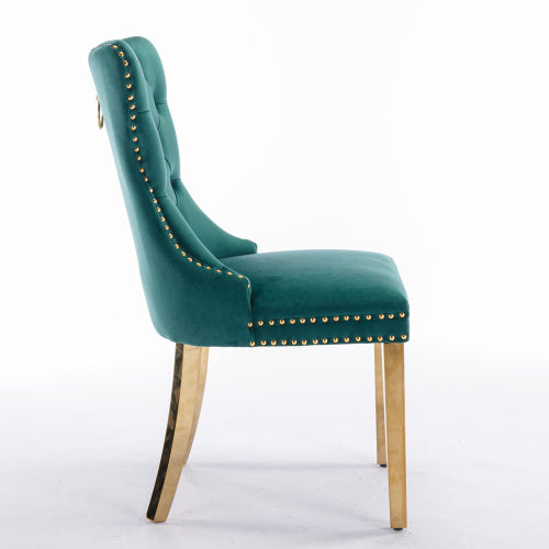 Teal velvet chair with gold nailhead trim on a white background