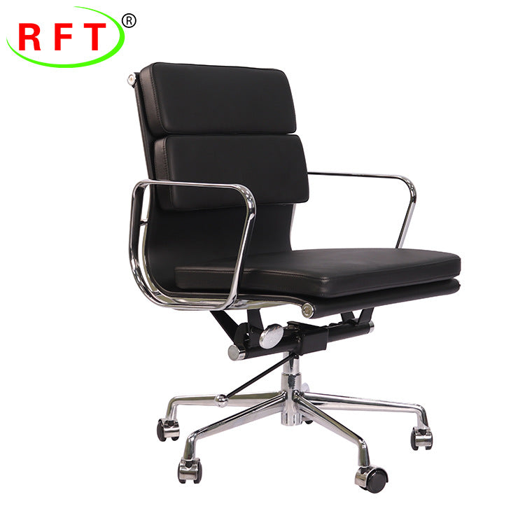 Black office chair with chrome frame on a white background, featuring the RFT logo.